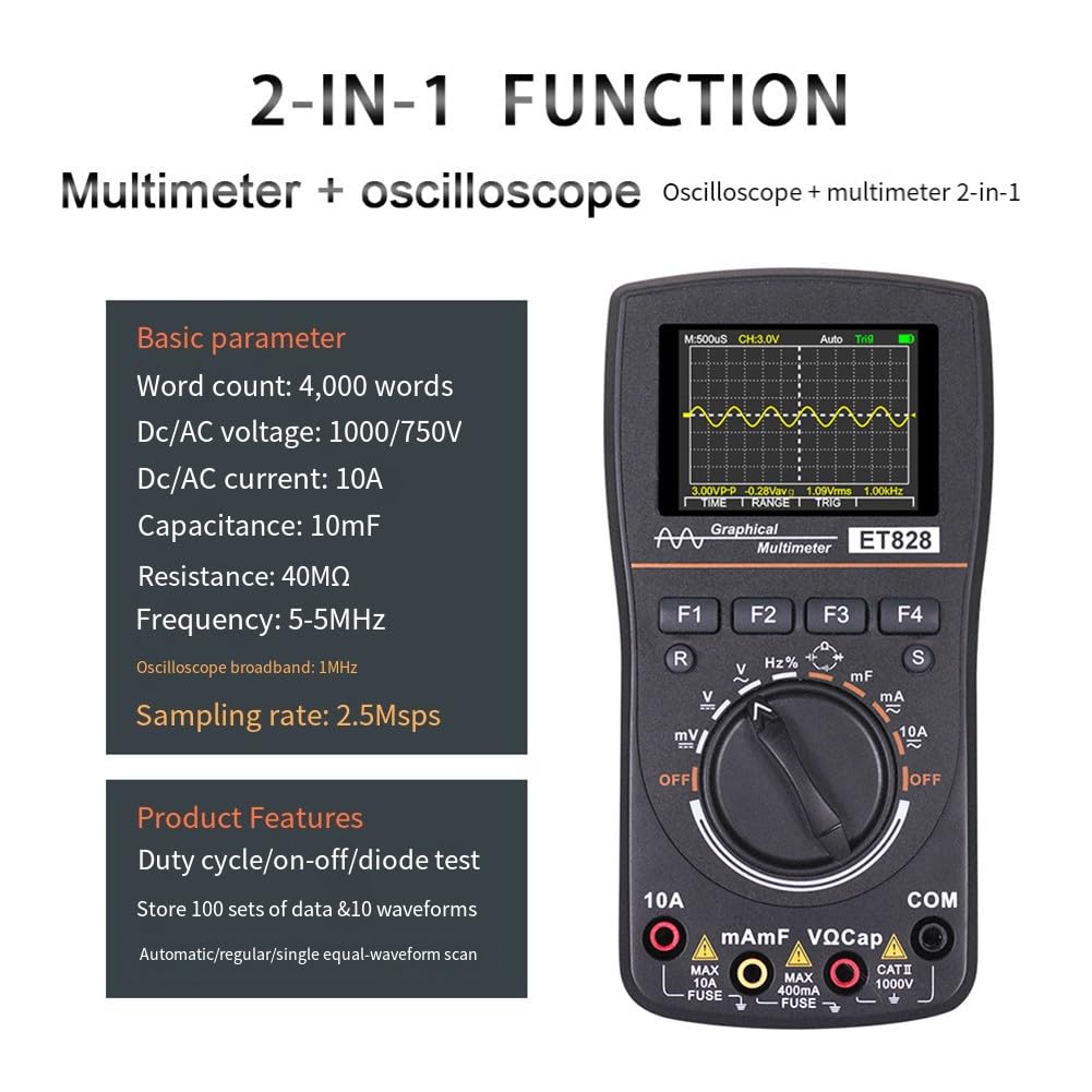 2-in-1 Digitales Oszilloskop & Multimeter ET828, 1MHz Bandbreite, 2.5Msps Abtastrate, Auto-Bereich, 320x240 Display, Datenspeicher für Elektronik