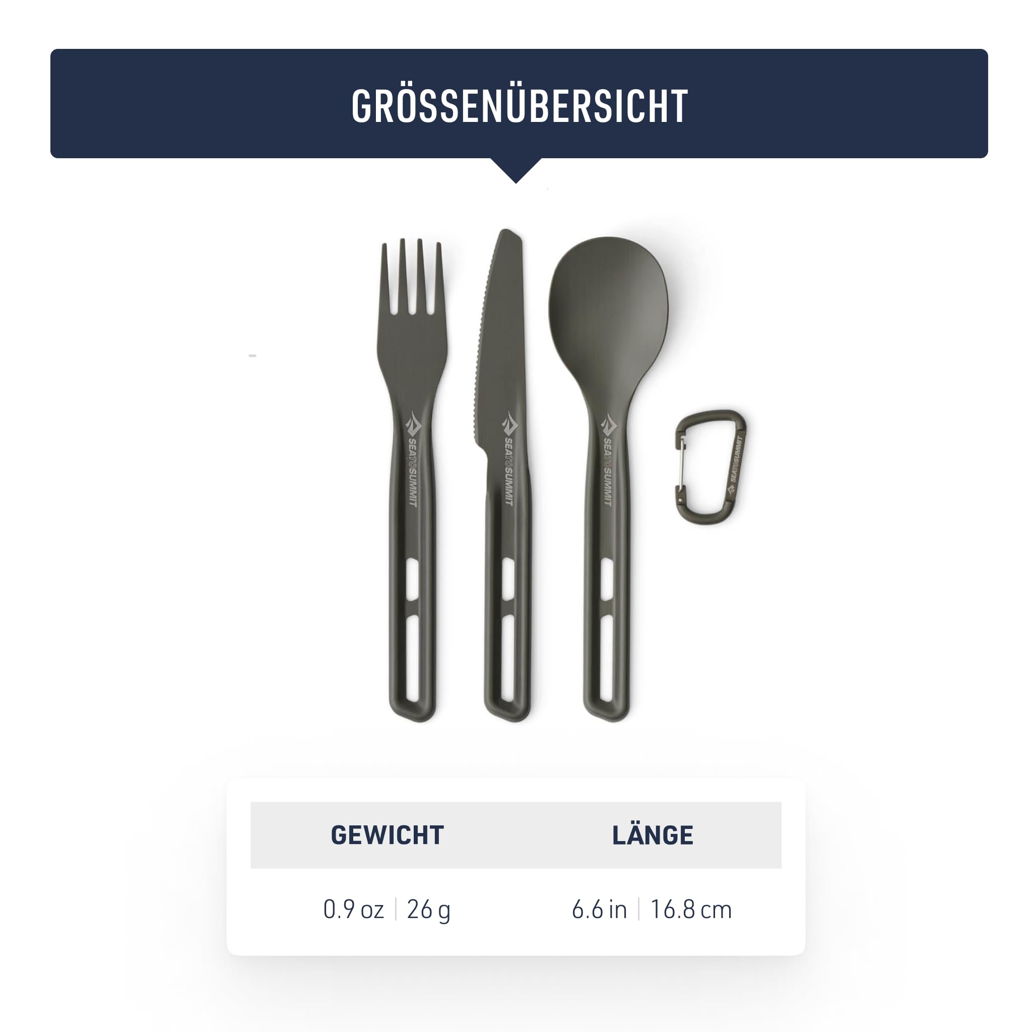 SEA TO SUMMIT - Frontier Ultraleichtes Besteckset - 1 Person, 3-teilig - Camping-Gabel, Löffel & Messer + Karabiner - Leicht - Campinggeschirr aus harteloxiertem Aluminium - Glatt & Mattiert - 26 g