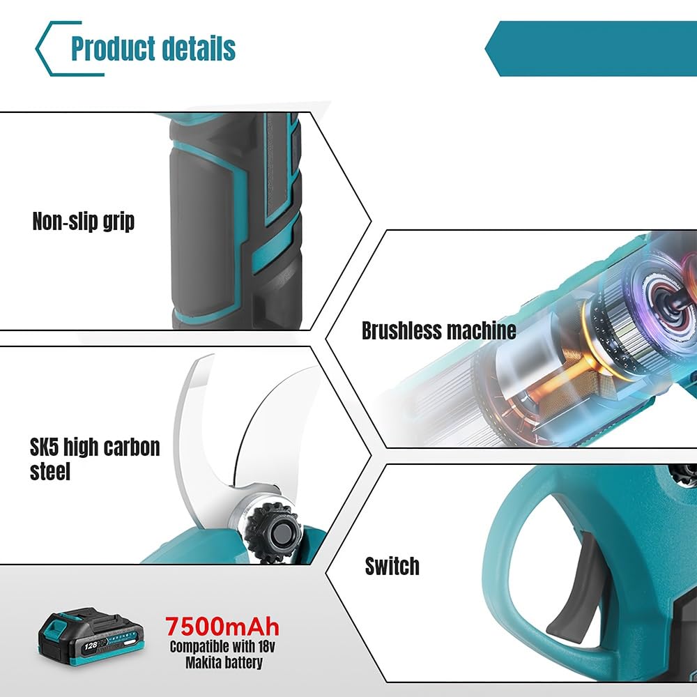 Akku Astschere für Makita 18V Akkus, Elektrische Gartenschere 30 mm, Elektrische Astschere mit 2 x 7500mAh Akkus, Gartenschere mit Display, Astscheres Akku für Gartenarbeit und Baumschnitt (30MM)