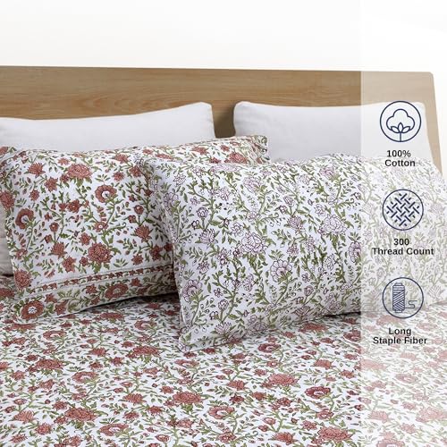 Image of TOAI Hand Block Printed Bedsheet | Bed Spread Flatsheet Bed Sheet | Pure Cotton | Double Bed King Size 108 inchx108 inch | 300 TC Long Staple Cotton | 2 Reversible Pillow Covers |Rust Floral Spread