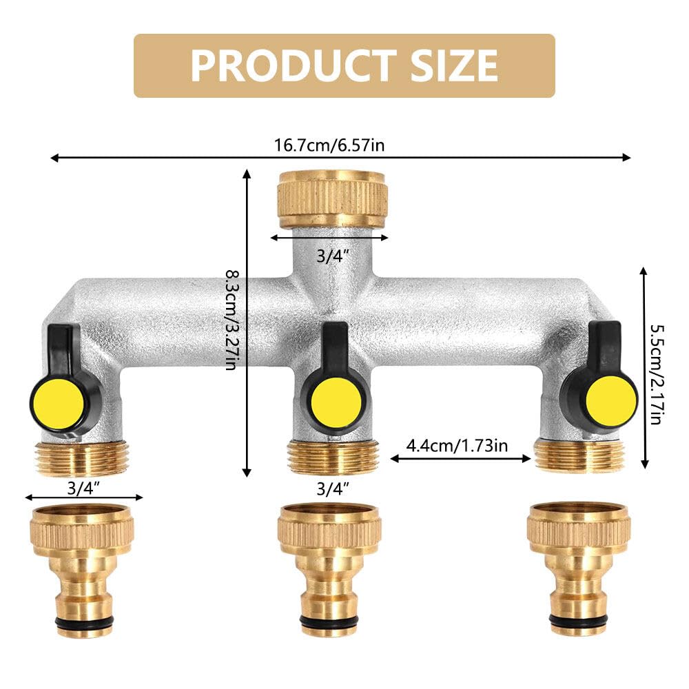 3 Vie Sdoppiatore Rubinetto con Valvola Indipendente, Ottone e Lega di Zinco Collettore Acqua 3 Vie per Regolare il Flusso dacqua, Distributore 3 Vie per Giardino, Cucina, Lavatrice