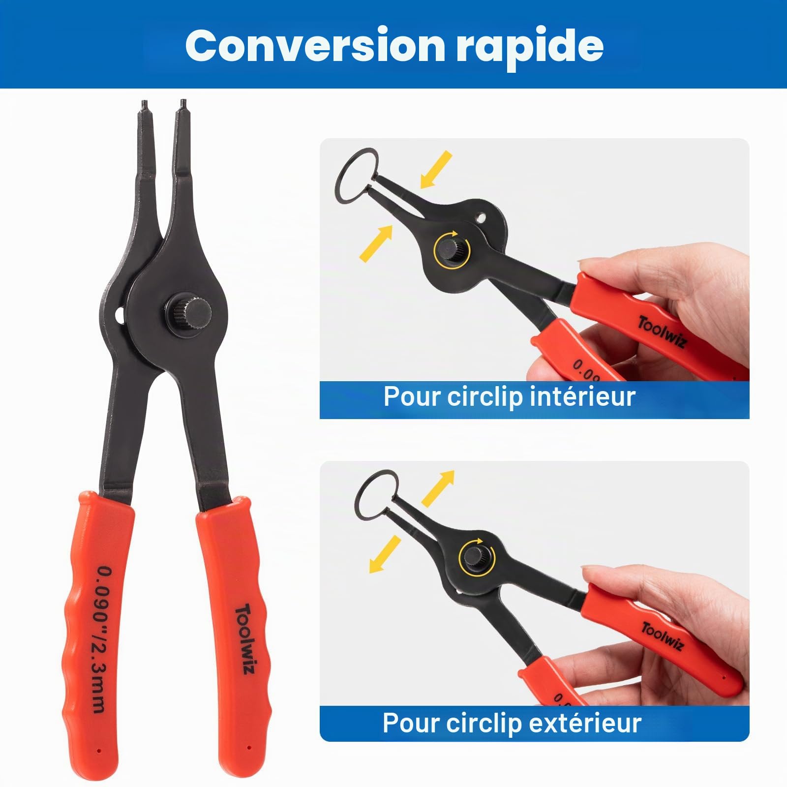 Toolwiz Lot de 10 pinces à circlips internes et externes pour anneau de retenue en C, outils automobiles droits courbés et robustes, avec crochet, médiator et étui de rangement