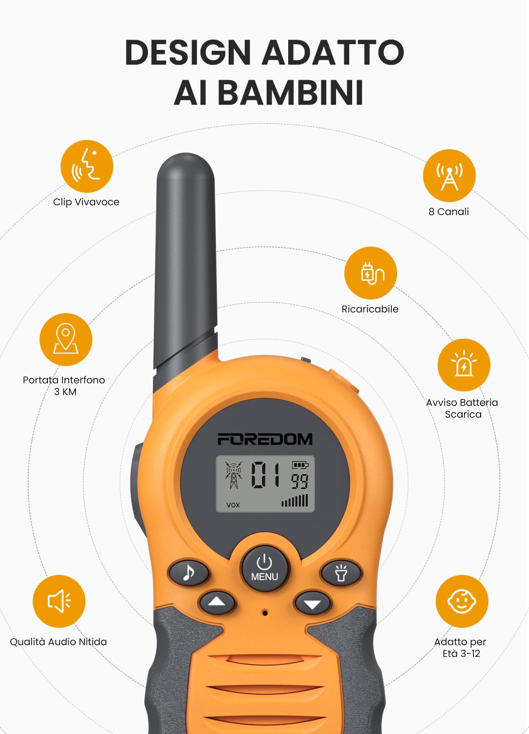 FOREDOM Walkie Talkie Ricaricabili per Bambini con Lunga Portata per Ragazzi e Ragazze da 3 a 12 Anni Regalo di Compleanno – Confezione da 3
