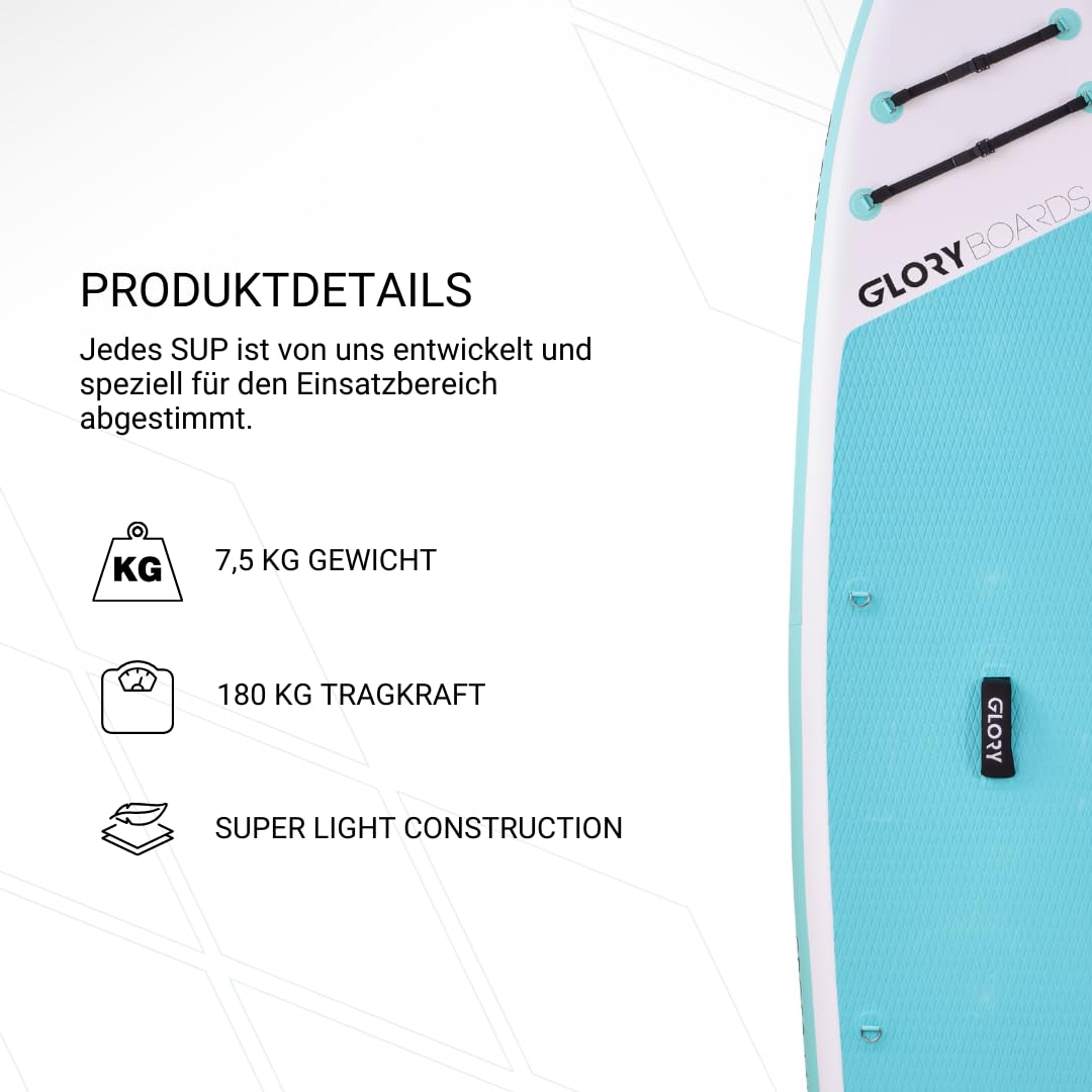 GLORY BOARDS ® Stand up Paddling Board aufblasbar – bis 180kg Tragkraft – komplettes SUP Set inkl. Carbonpaddel, Pumpe, Rucksack – Kajak Option – leichtes Stand up Paddle Board