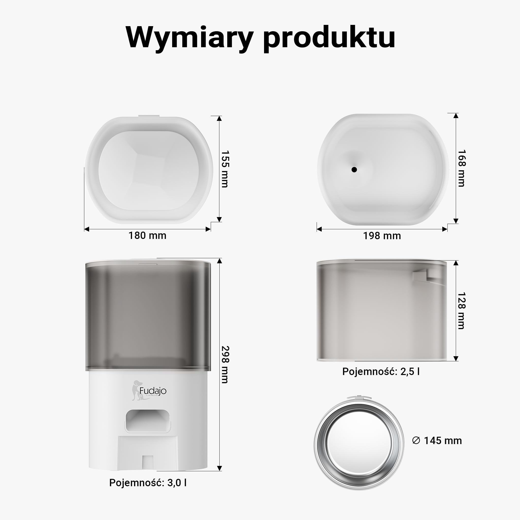 Fudajo Automatyczny dozownik karmy i wody dla psa lub kota, biały, automat na karmę 3 l z fontanną na wodę 2,5 l, z funkcją sterowania aplikacją
