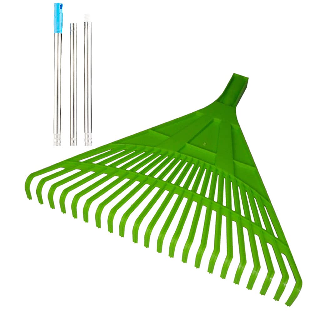 HSJCZMDGrass Rake for Gardening,Adjustable Steel Handle Garden Lawn Rake 22 Tooth,Doesn't Hurt the Lawn,Highly Resilient and Durable Grass Rake Plastic,33in-65in (Green)