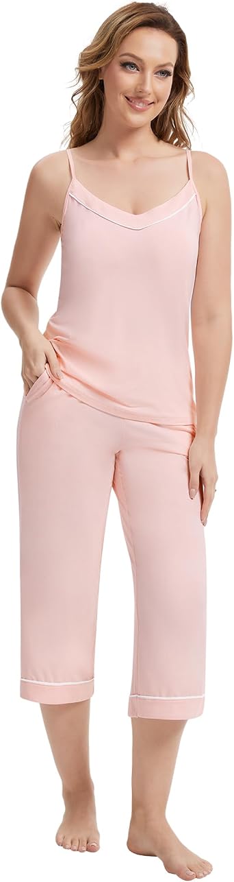WiWi Womens Cami Pajama Sets 2 Piece Camisole Top Capri Pants Sleepwear Soft Lingerie Bamboo Viscose PJs S-XXL