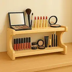 Organizador de Maquiagem de Madeira 50x19x19cm 2 Andares Elegante para Penteadeira