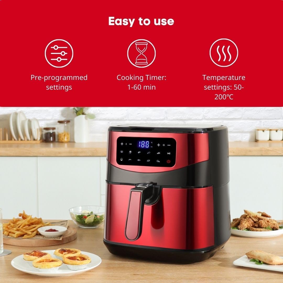 Diagram showing accessible touchscreen, XXL frying basket, and removable basket components of the Swiss Pro+ Air Fryer.