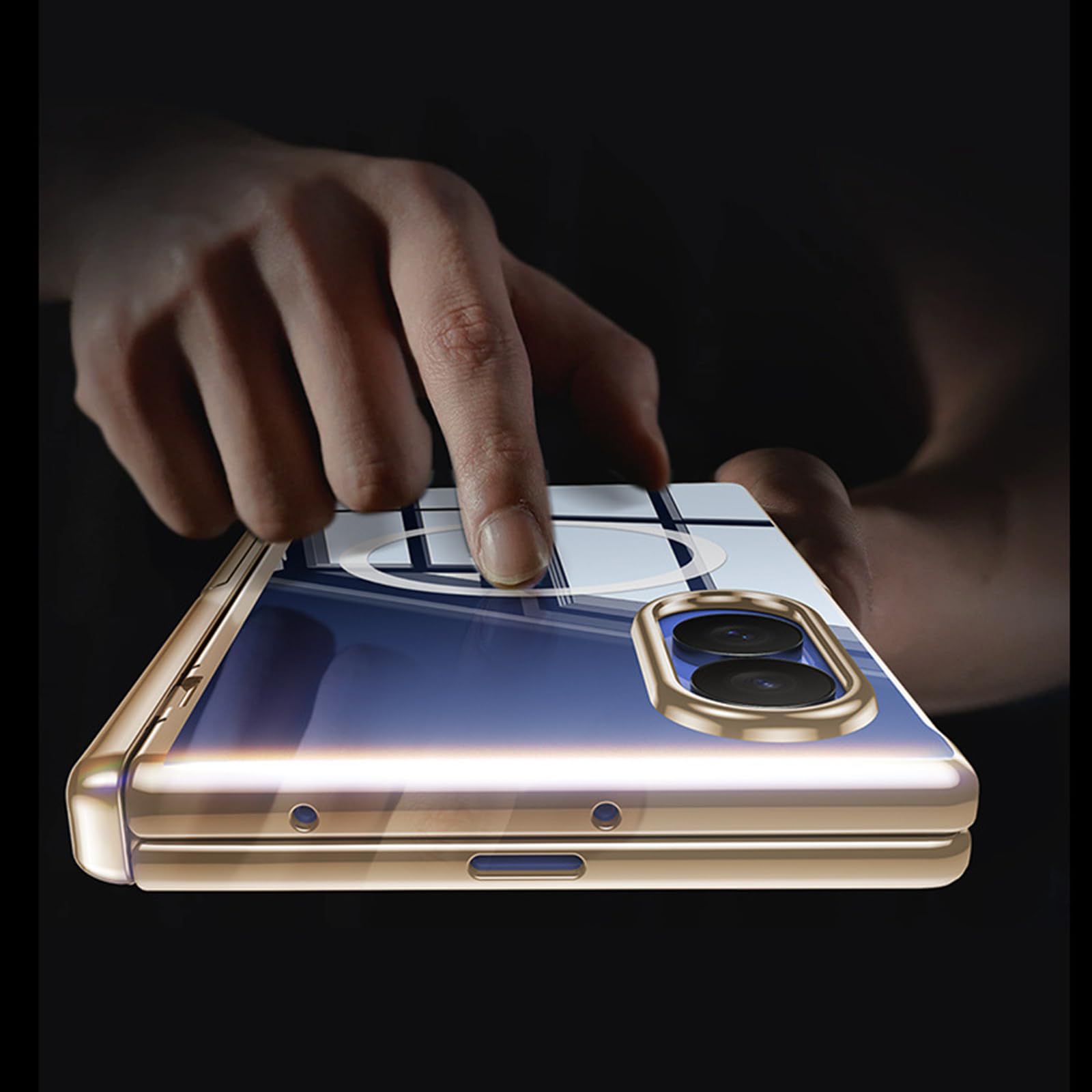 Funda Magnética For Samsung Galaxy Z Fold 8, Cubierta Protectora De Bisagra De Pantalla De Vidrio Templado Transparente Galvanizado con Soporte Oculto Carcasa De Carga Inalámbrica(Gold)