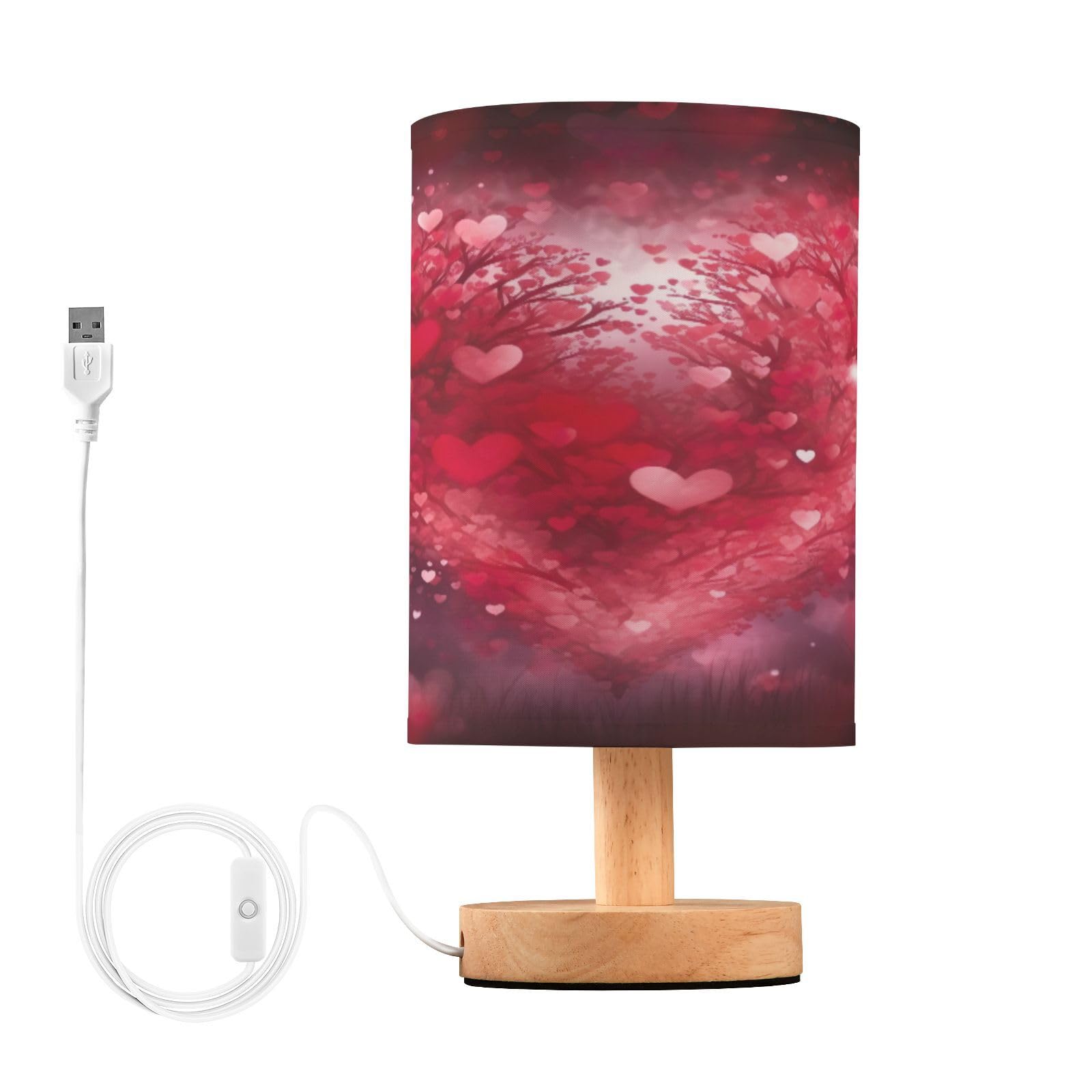SDMKA Heart Pattern Red Bedside Table Lamp for Bedroom, Minimalist Nightstand Lamp with Round Fabric Shade for Living Room, Office, No Bulb Required