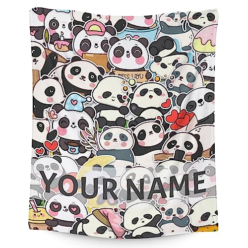 Personalized Panda Blanket Gifts with Name - 40"x50" Cute Throw Blanket for Kids, Adults - Black Soft Fuzzy Blankets for Couch & Sofa