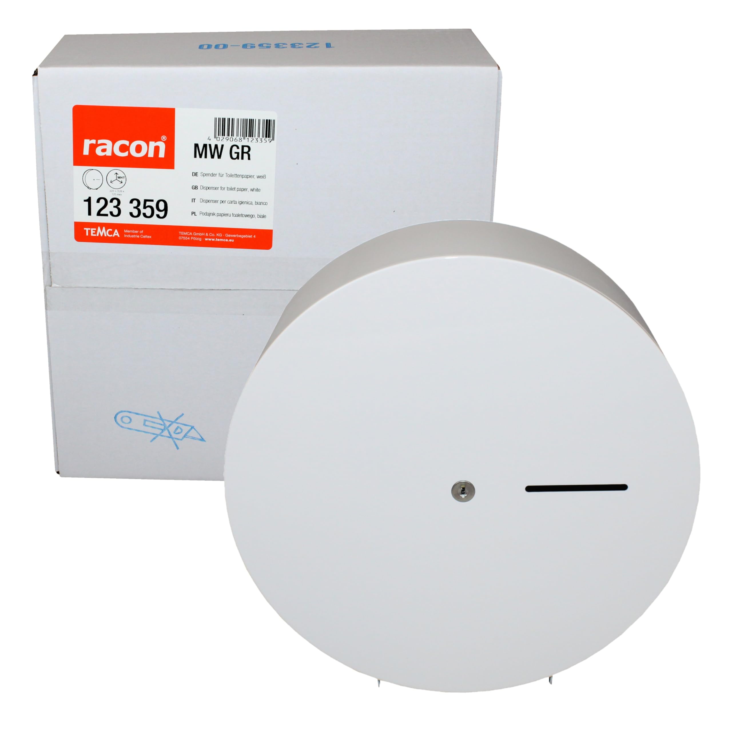 Racon 123 359 MW GR Quattro Toilettenpapierspender, Weiß, 30cm Durchmesser, 320mm Höhe, 320mm Breite, 125mm Länge