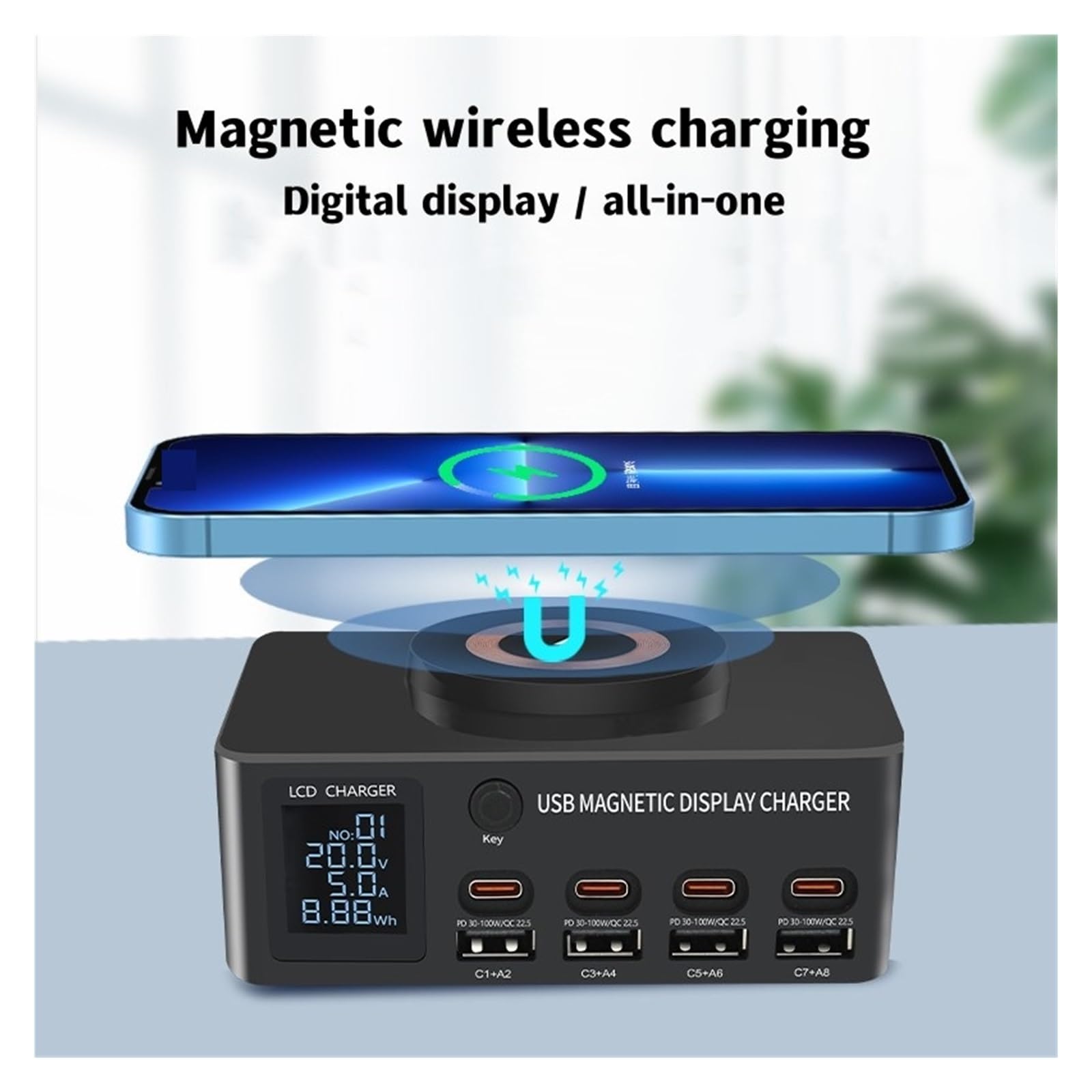 8-portowa Stacja Ładująca USB 140 W Typu C PD QC3.0 Wieloportowa Szybka Ładowarka Z Wyświetlaczem Bezprzewodowa 15