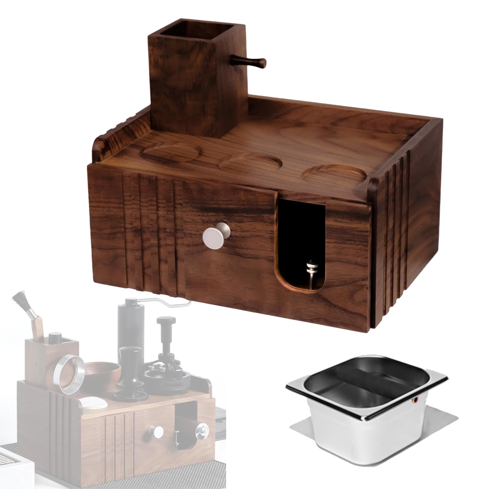 MRJYK 58mm Wood Espresso Portafilter Stand, Espresso Station Organizer, With Stainless Steel Knock Box, For Baristas Home Commercial Coffee Tools Organzier
