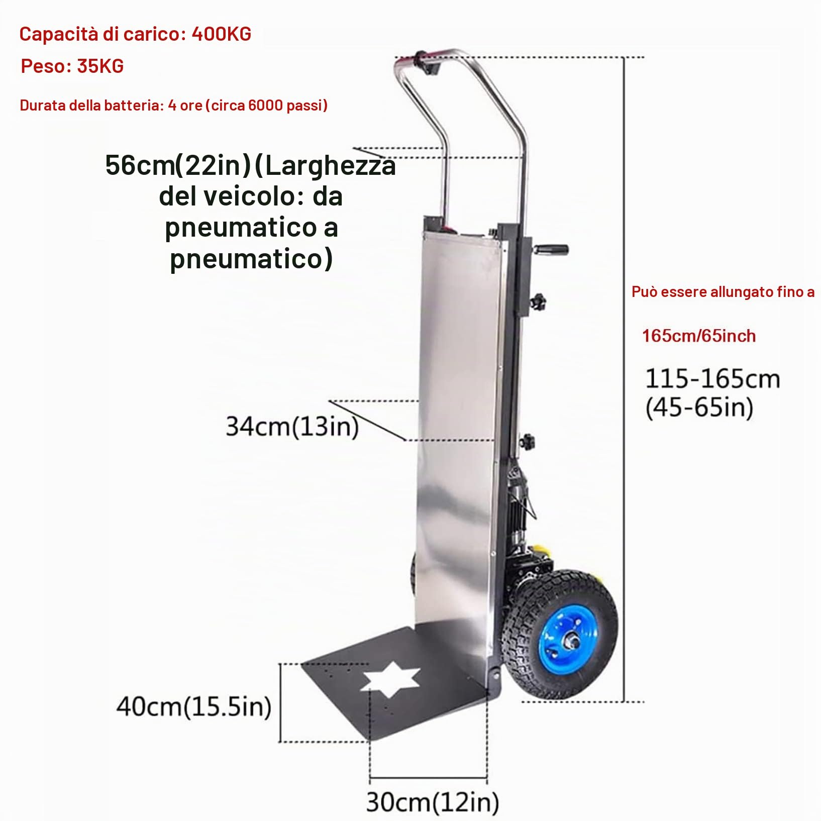 Montascale Elettrico da 1200 W, Carrello per Sacchi per Oggetti Pesanti, Motore brushless, Batteria Rimovibile (48 V/36 Ah), capacità di carico (400 kg), Pulsante (Apertura/Arresto istantaneo)