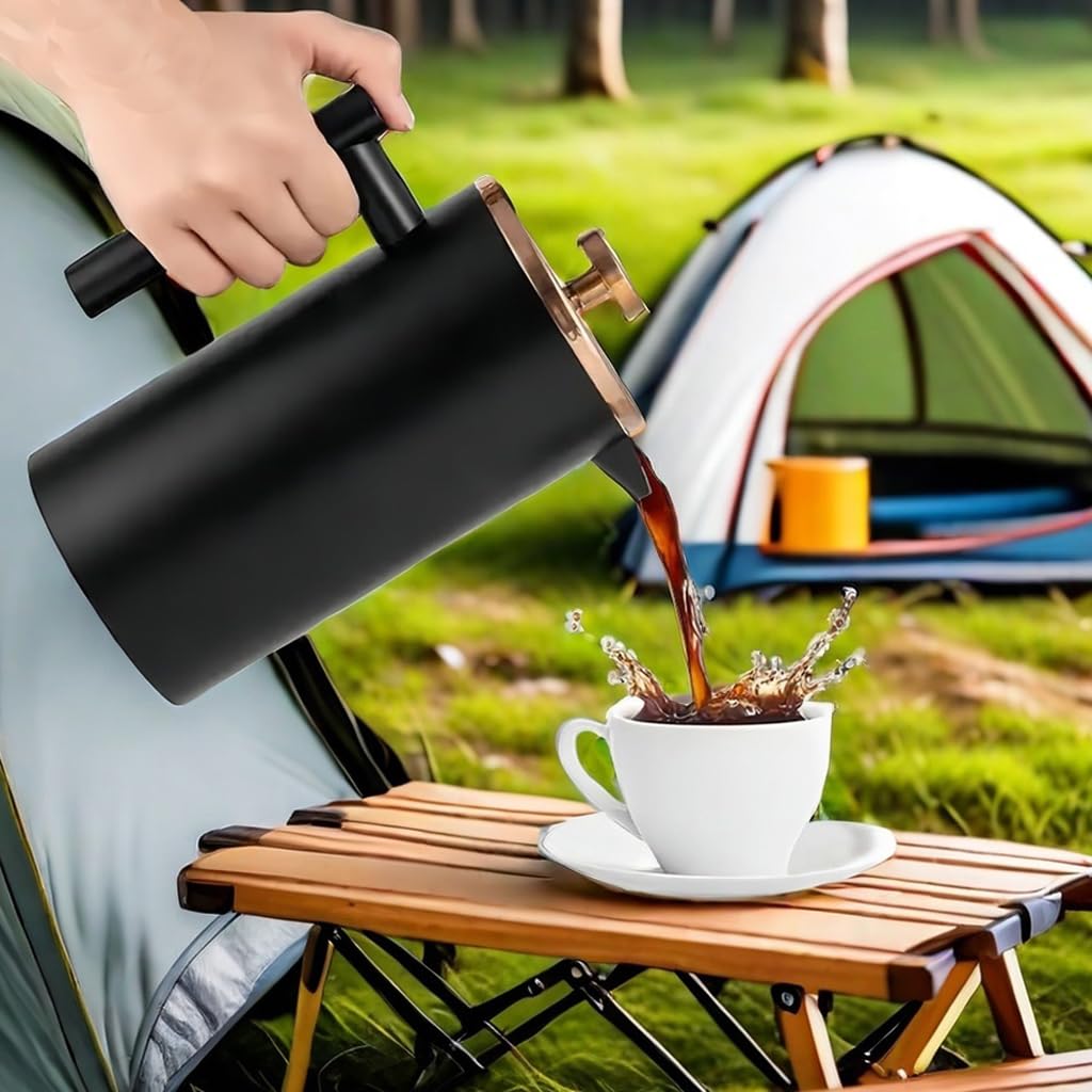 Worbic Cafetière à piston française 1000 ml - Double paroi isolée en acier inoxydable - Système de filtration à 3 niveaux - Pour la maison, le camping et le bureau - Noir