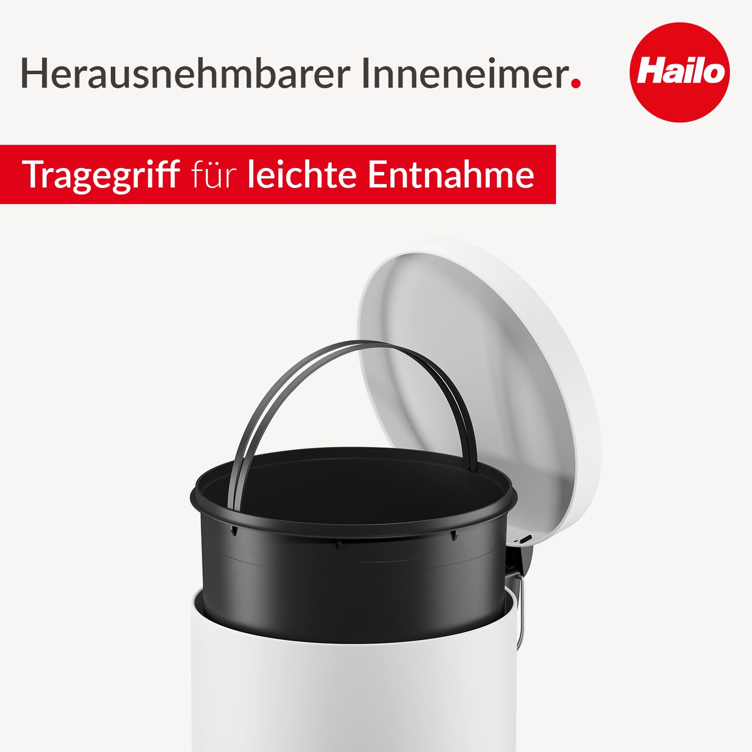 Hailo Selekta runder Tretmülleimer mit Soft Close Deckel - 30L Fassungsvermögen - herausnehmbarer Inneneimer - Stahlblech - Bad & Küche - Tretmülleimer mit Design-Fußpedal - weiß