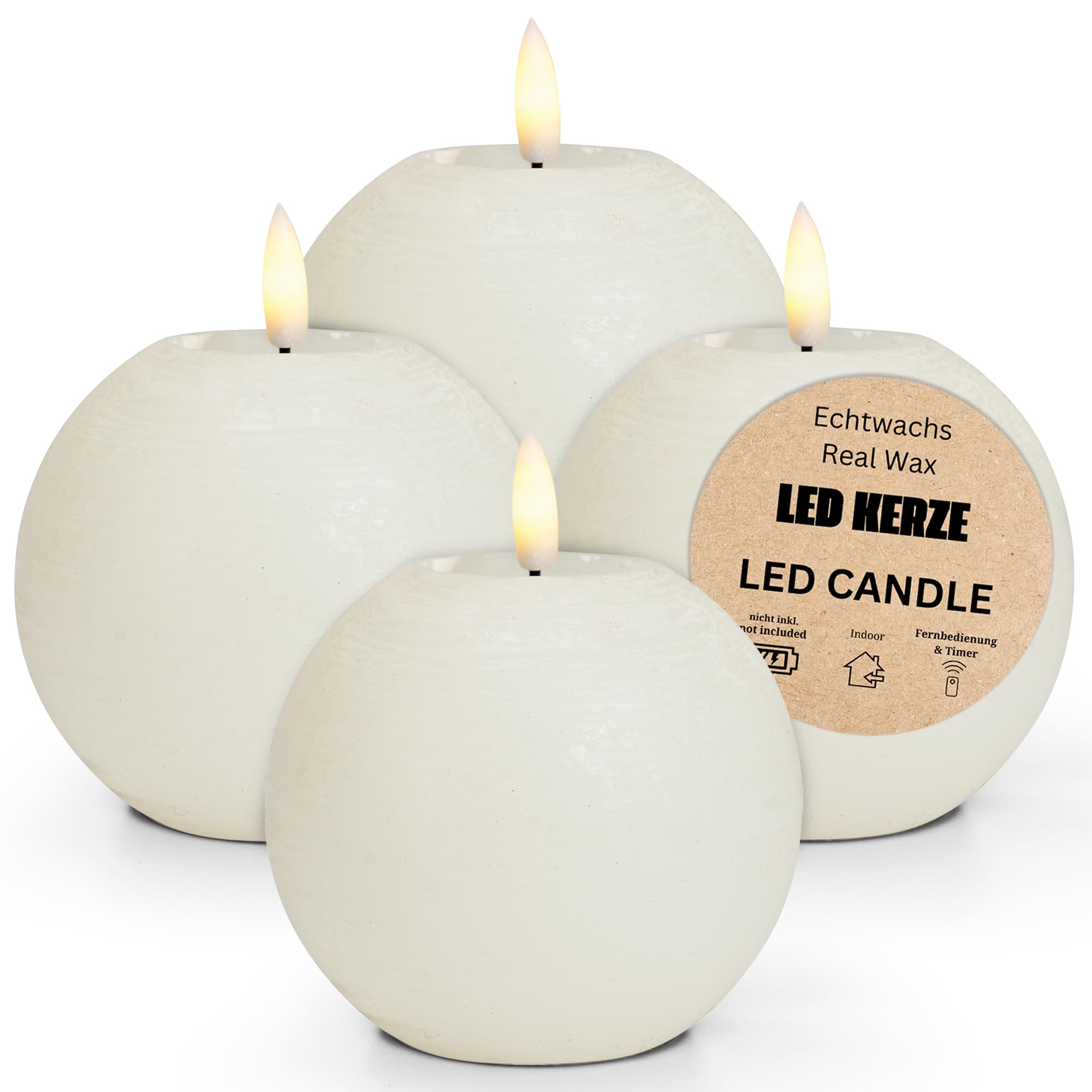 matches21 HOME & HOBBY LED Kerzen Kugeln 2er Set aus Echtwachs mit Timerfunktion - Kerzen realistisch flackernde Flamme warmweiß Ø 10 x 9 cm - Elektrische Wachskerzen in Weiß als gemütliche Tischdeko