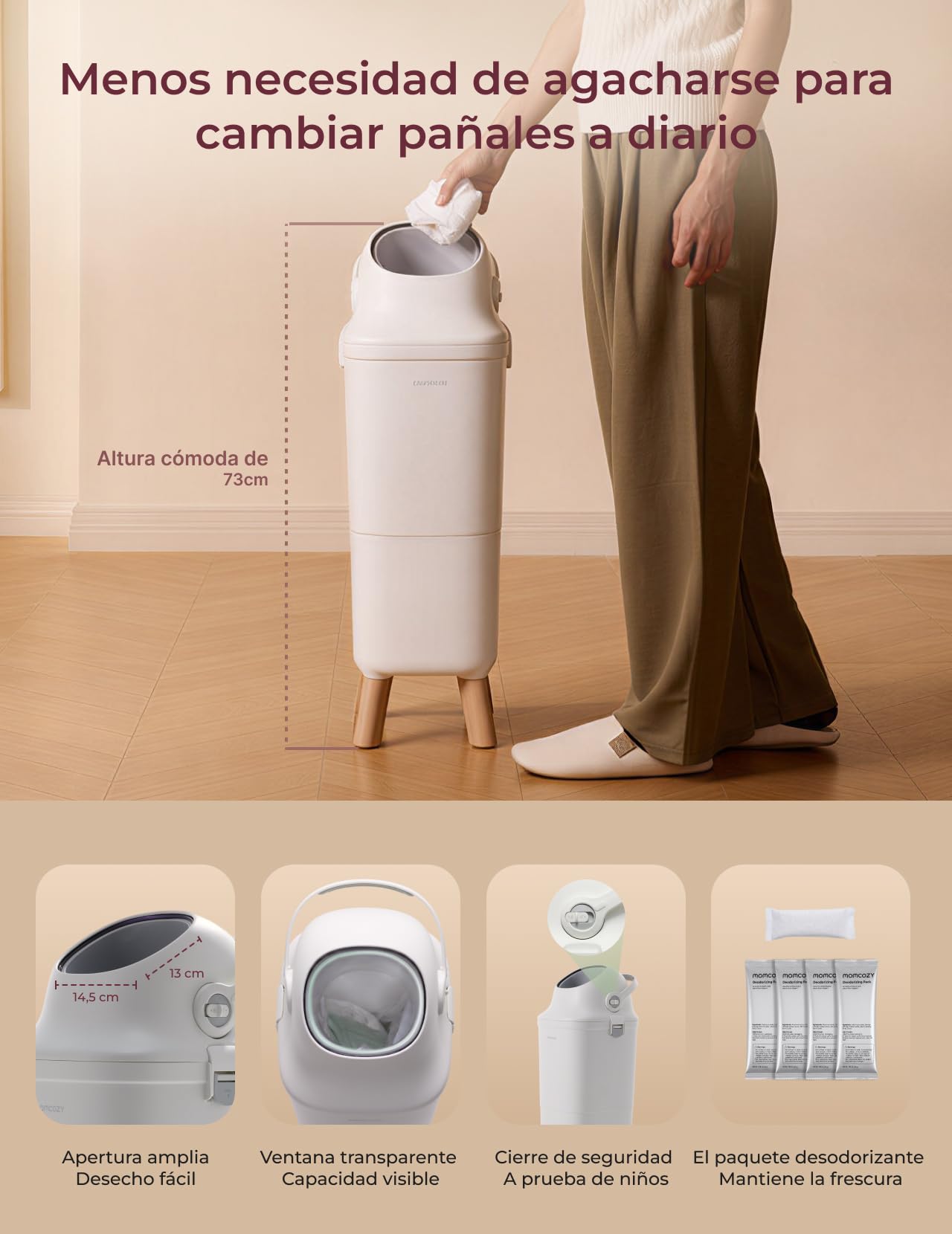 Momcozy Papelera Pañales Bebe para Control de Olores, Basura Pañales Bebe de Gran Capacidad con Ventana Amplia de Visualización, Cierre de Seguridad Infantil, Compatible con Bolsas de Basura Estándar