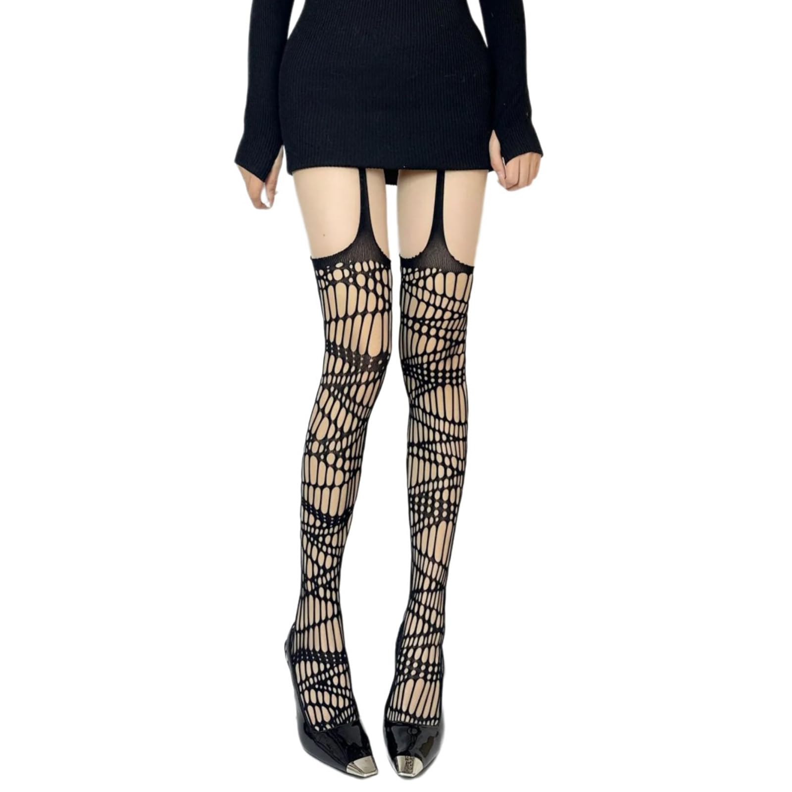LXJLXD Fashionable High Waist Fishnets Tights with Hollow Out Ripped Hole Suspenders Pantyhose Garter Belt Thigh High Stockings Trendy Women Stockings