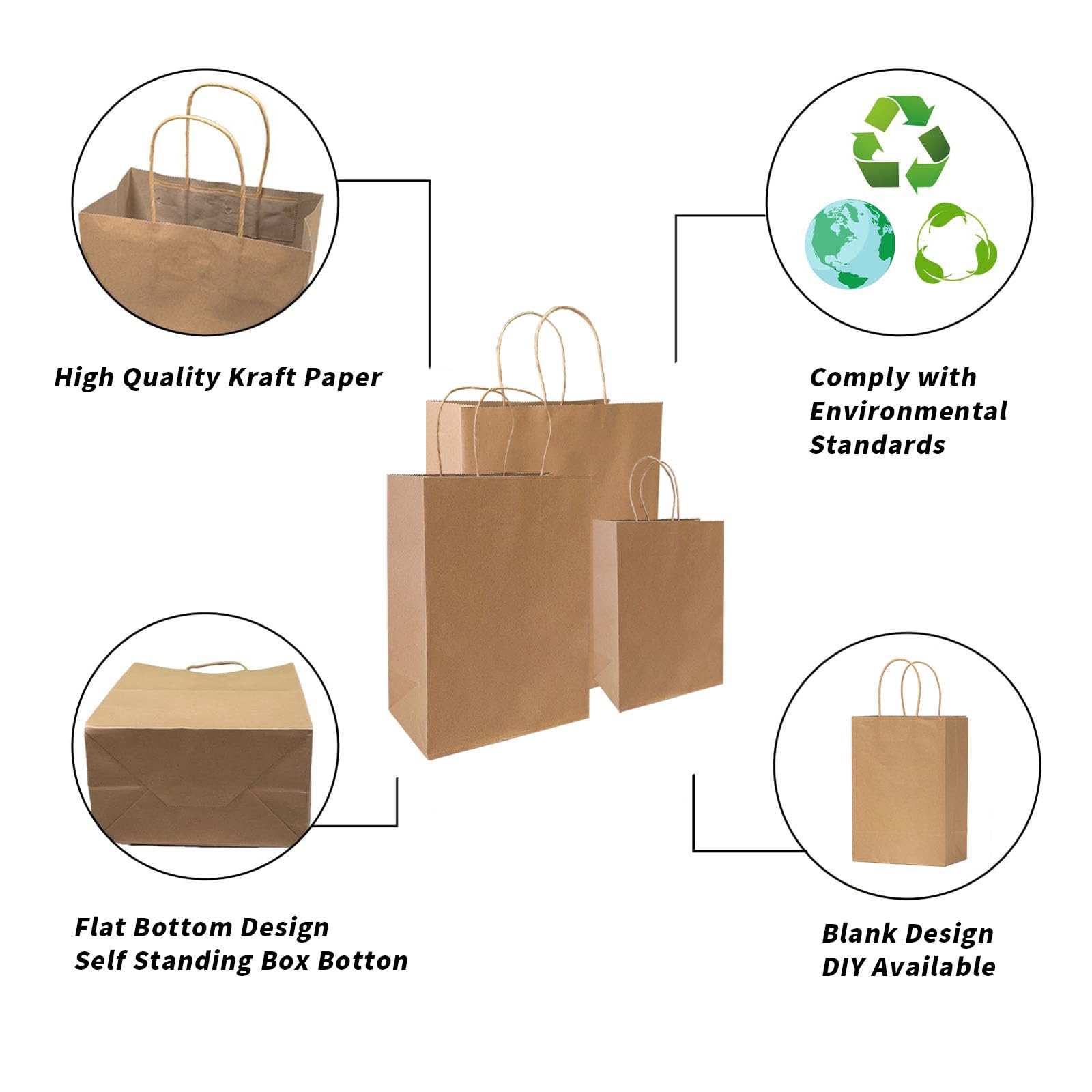 vanhel Paquete de 90 bolsas de papel kraft con asas, bolsas de regalo de varios tamaños, bolsas de papel kraft a granel, maleza, cumpleaños, regalos, fiestas, bolsas de mercancía al por menor