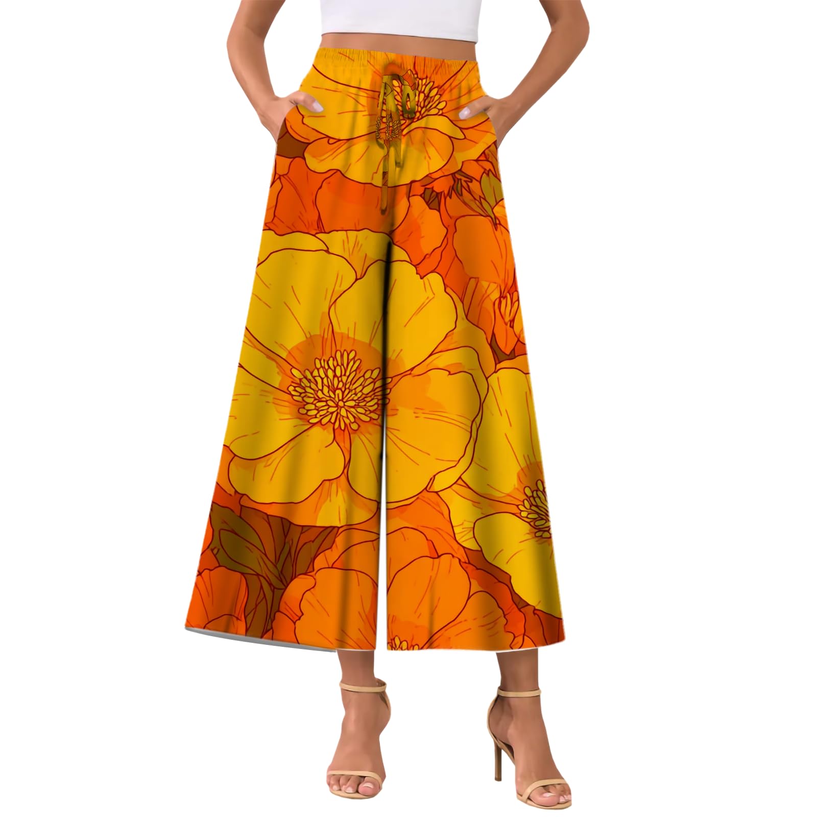 MARSVOVO Summer Flowy Capri Pants for Women Elastic Drawstring High-Waisted Wide-Leg Trousers Palazzo Pants