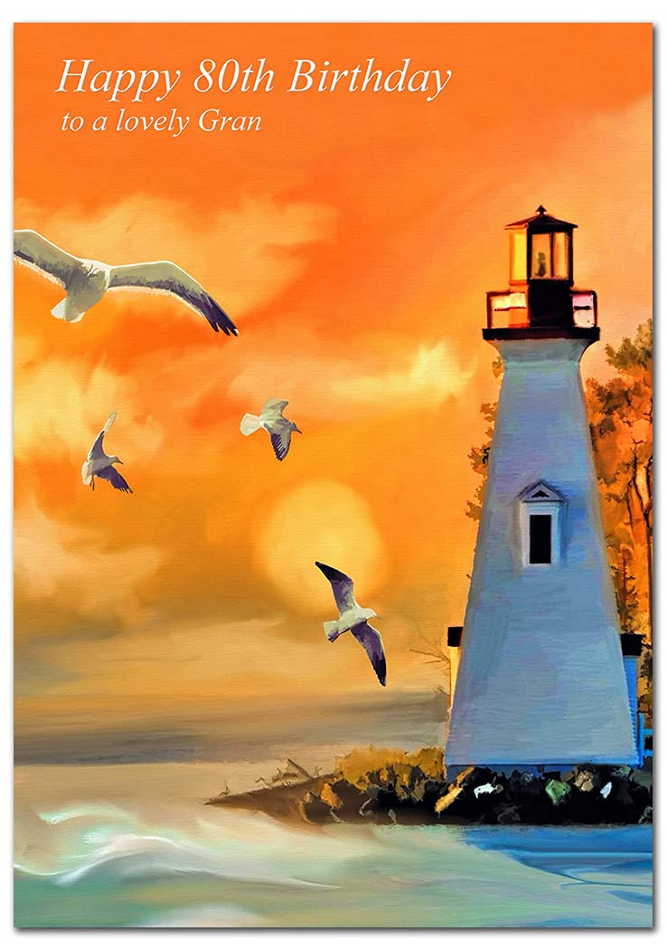 Extra Large Gran 80th Birthday Card - XL Big thick A4 size - Special Age Year Greeting Her Women Female - Beautiful Art Watercolour Lighthouse Sea - Nice Huge Happy Wishes UK Eco-Friendly