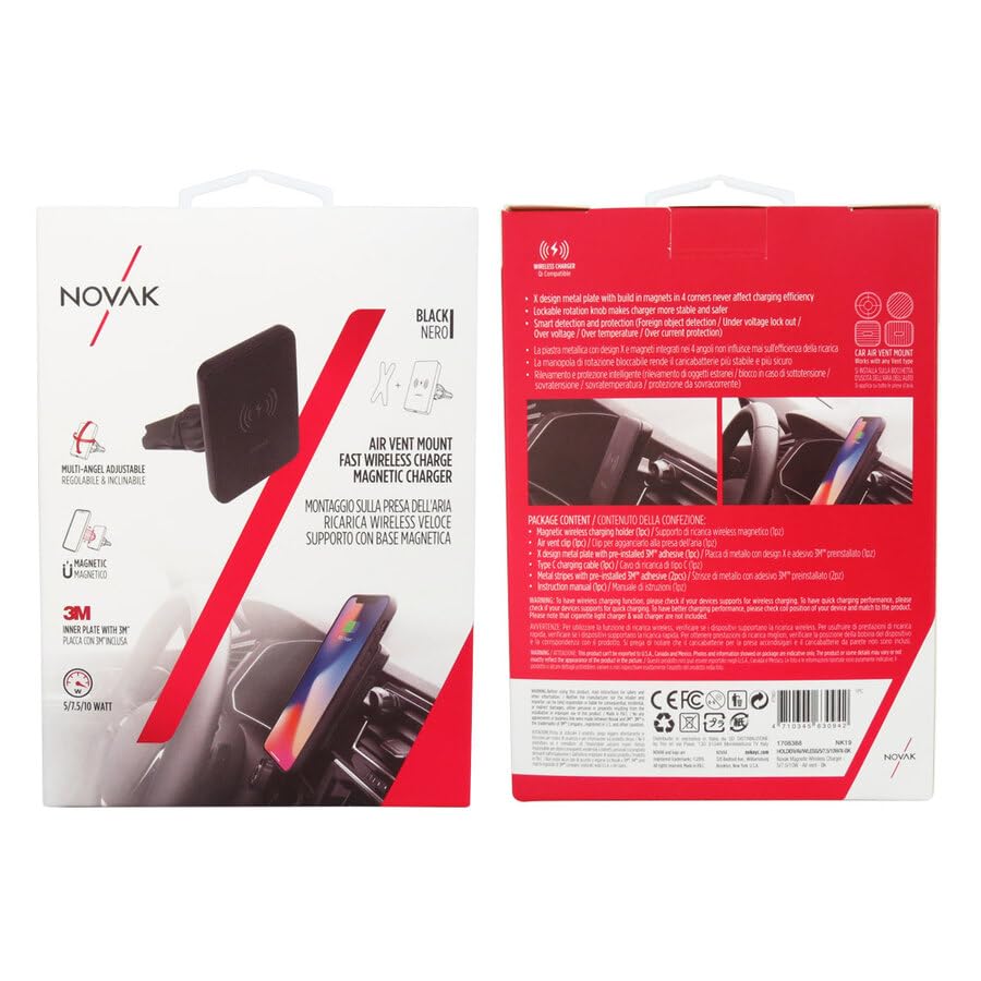 NOVAK Caricabatteria da Auto Wireless per Presa d'Aria Smartphone per Auto per iPhone Samsung - Supporto Smartphone Auto, Ricarica Wireless, Compatibile iPhone
