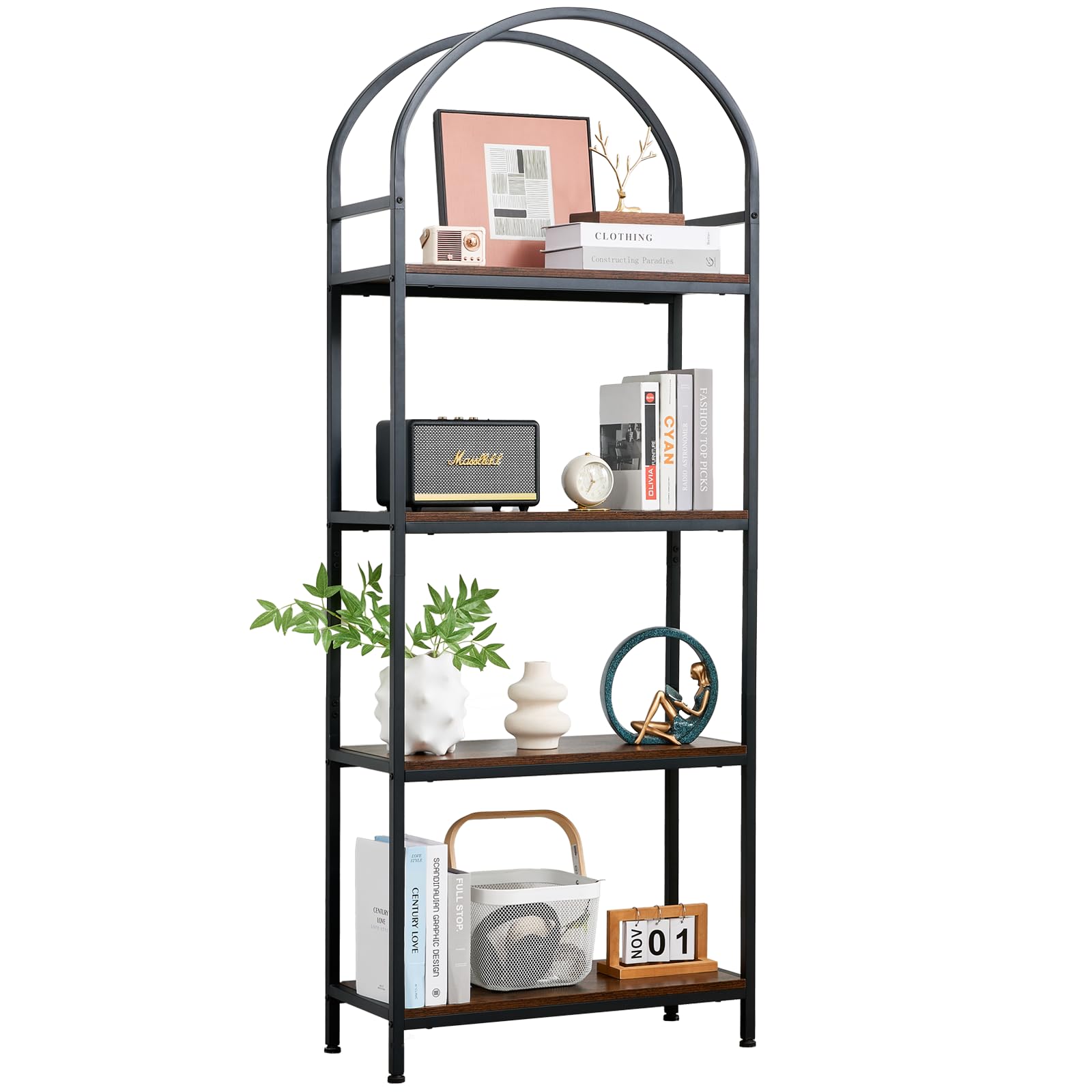 BRIAN & DANY Bookshelf, 4 Tier Tall Black Bookcase Metal Book Shelf, Larger Compartments Arched Display Shelves Open Storage Rack Shelving for Home Office, Bedroom, Living Room, Study, Antique