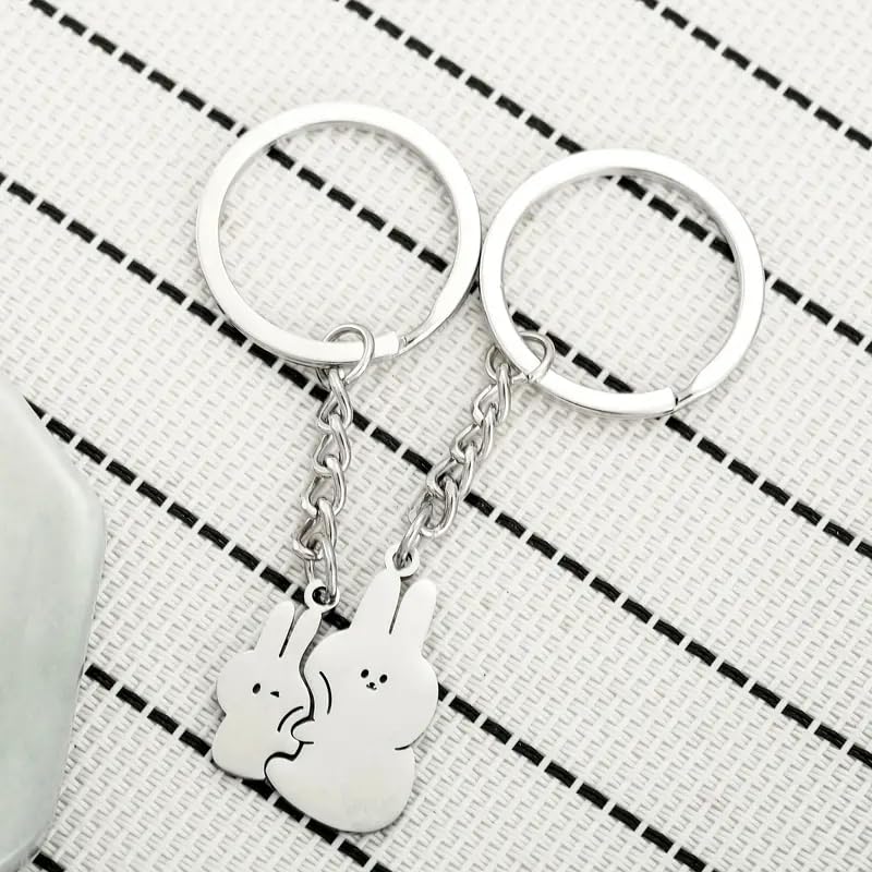 Image of 1pair Couple's Hugging Rabbit Shaped Stainless Steel Creative Cartoon Style Personality Keychain Car Pendant, Perfect Valentine's Day Or Chinese Valentine's Day Gift