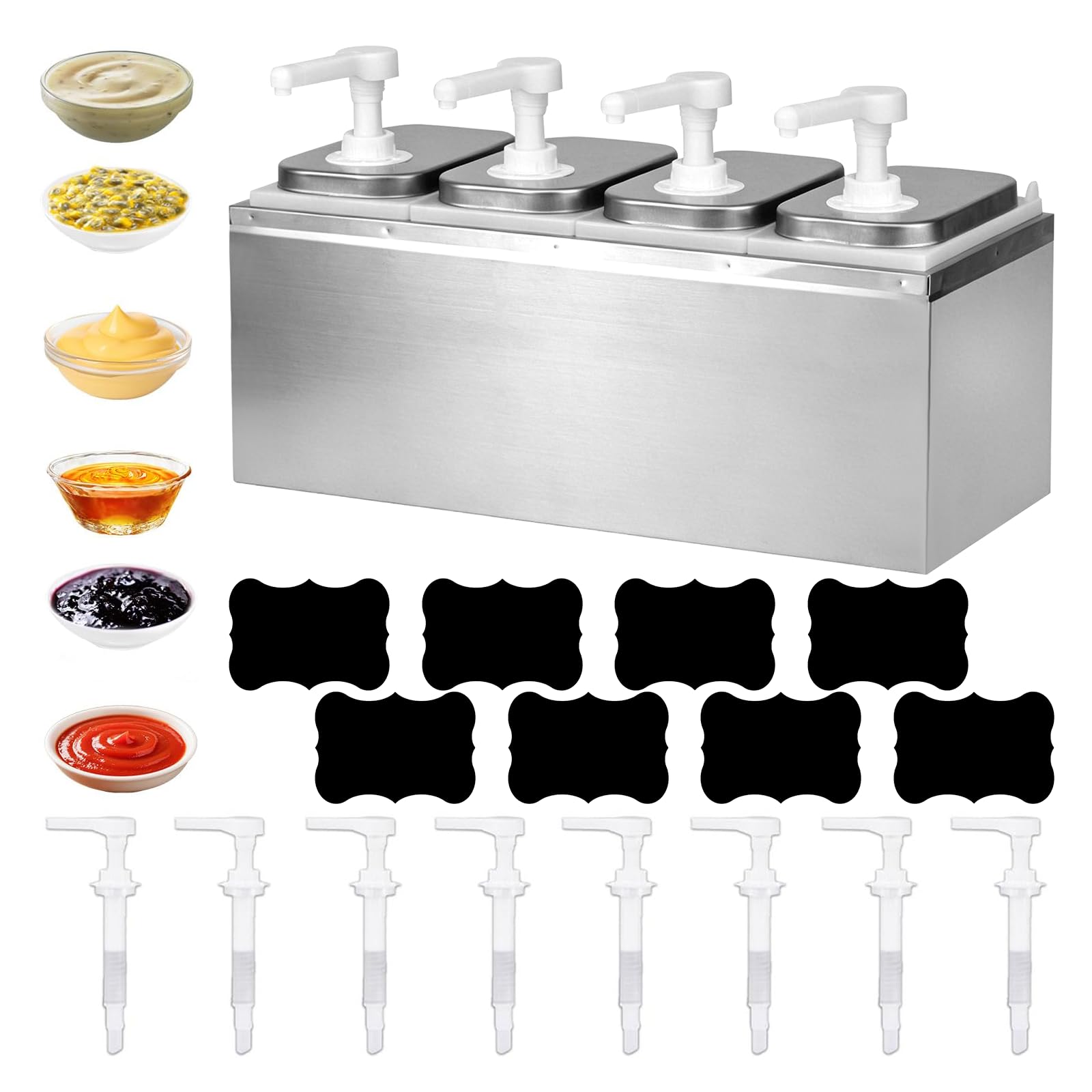 8L Ketchup Spender, Saucenspender mit 4 Pumpen, 8 Etiketten, Abnehmbar, Edelstahl-Gewürzpumpstation Küchensoßenspender, Salat Marmeladen Gewürz Gewürz Quetschpumpenbehälter für Küche und Restaurant