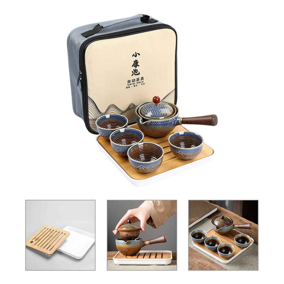 Juego de Té para Viaje Tetera Giratoria y Tazas de Cerámica Portátil Diseño Elegante Bolsa de Almacenamiento Adecuado para Aficionados al Té en Casa o Viaje