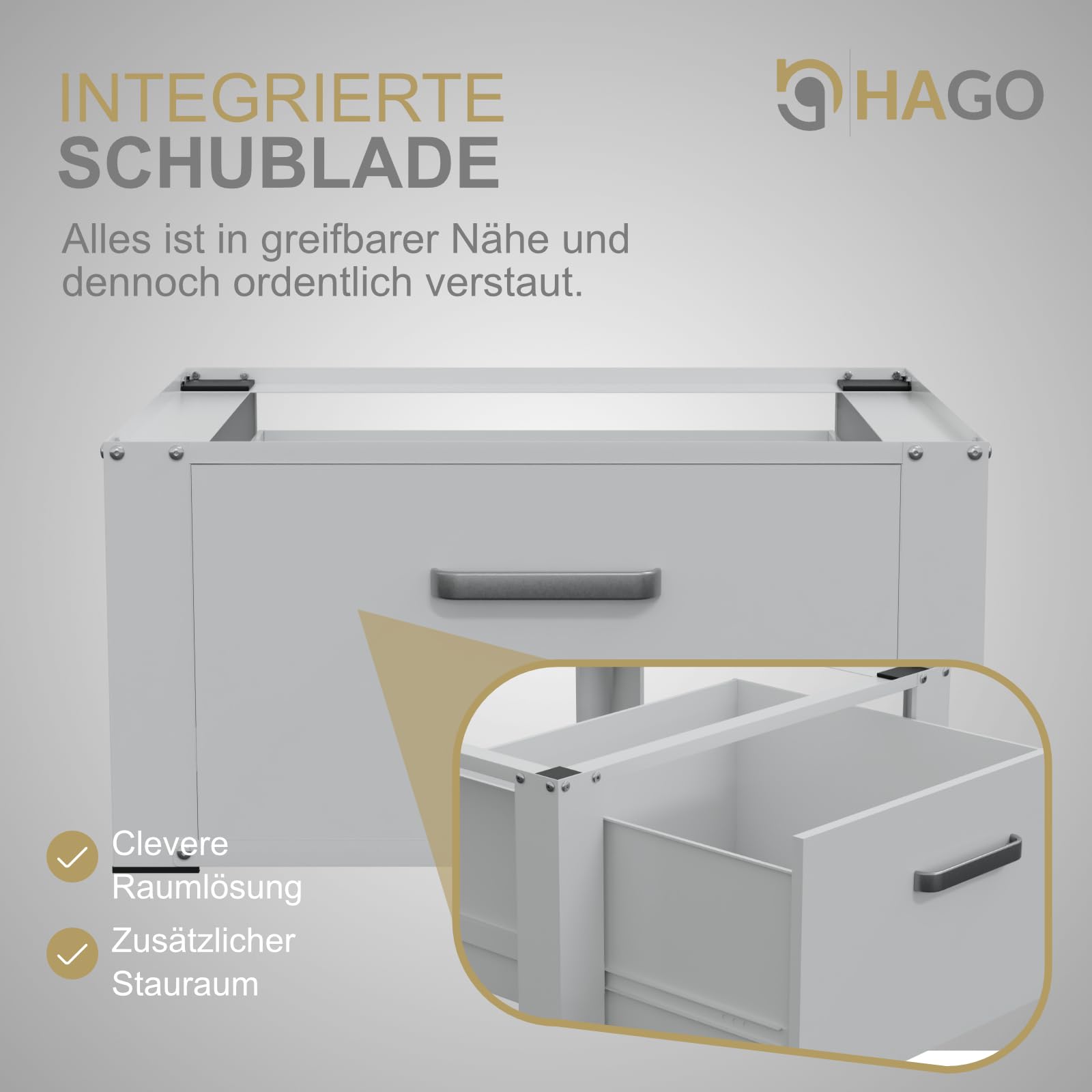 HAGO24 | Waschmaschinenuntergestell | Podest | Schublade | Ablage | 150kg Traglast | Gummifüße | 63x54x31,5cm | Rückenschonend | Weiß | Aluminiumgriff