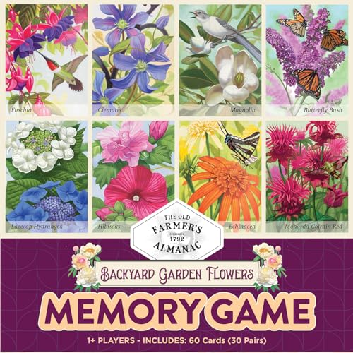 Masterpieces Farmer's Almanac Backyard Garden Flowers Memory Matching Game for Adults - 68 Cards Featuring Beautiful Flower Art, Educational & Engaging, Ages 14+