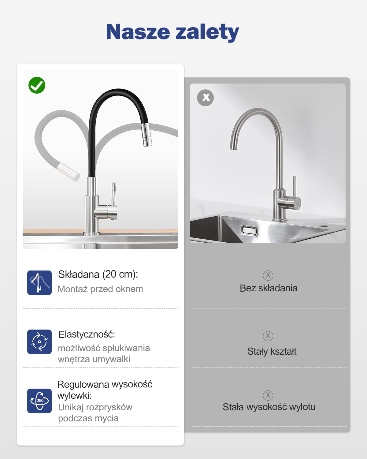 Elastyczna bateria kuchenna, czarna, kran kuchenny z 2 strumieniami wody, bateria mieszakowa, czarna, armatura kuchenna 360°, armatura kuchenna z elastycznym wylewką, wysokociśnieniowa stal