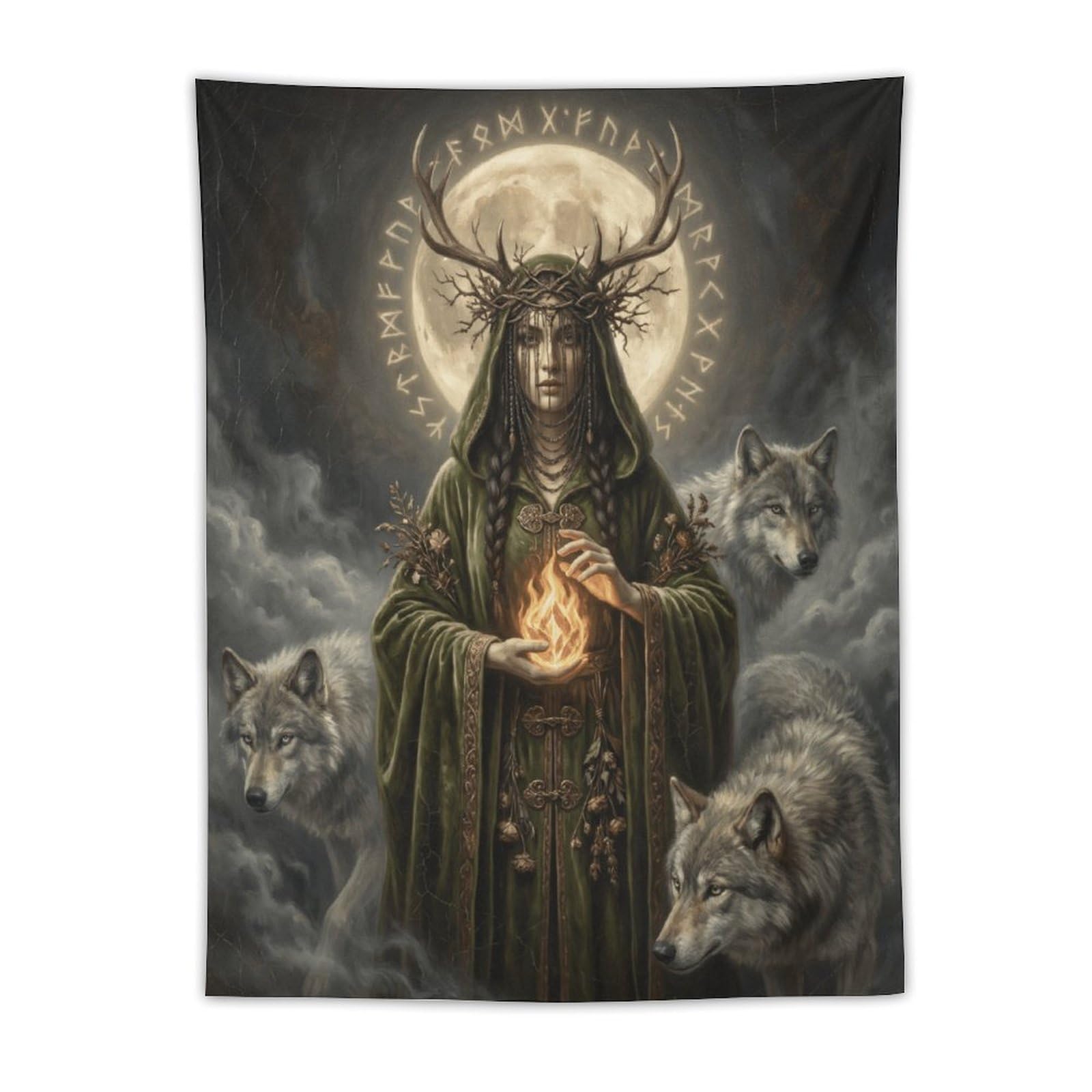 W7C8U2X3 Wolf Goddess Green Robe Wall Tapestry, Realistic Illustration