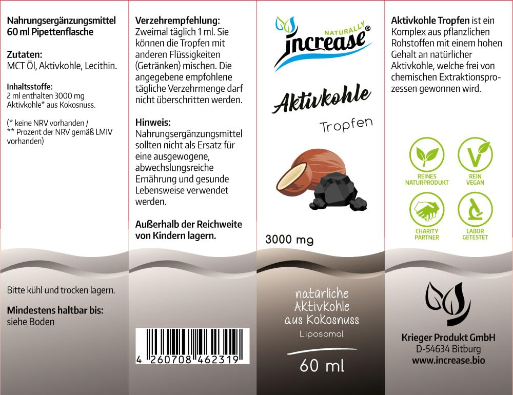 Nimm 3, zahl 2 Liposomale Aktivkohle Tropfen hochdosiert - (270.000mg Aktivkohle in 3 Flaschen) 3000mg pro Tagesdosis - MCT Öl - Hohe Bioverfügbarkeit.