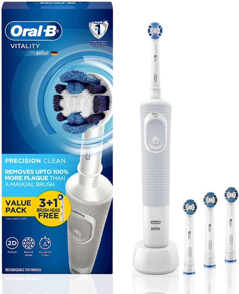 Oral-B Vitality Rechargeable Rotating Electric Toothbrush For Adults With 4 Brush Heads & 2 Modes (Daily & Sensitive), 2 Min Timer With Quadpacer, 2 Year Warranty By, IPX7 Water Resistant,(White, 1)