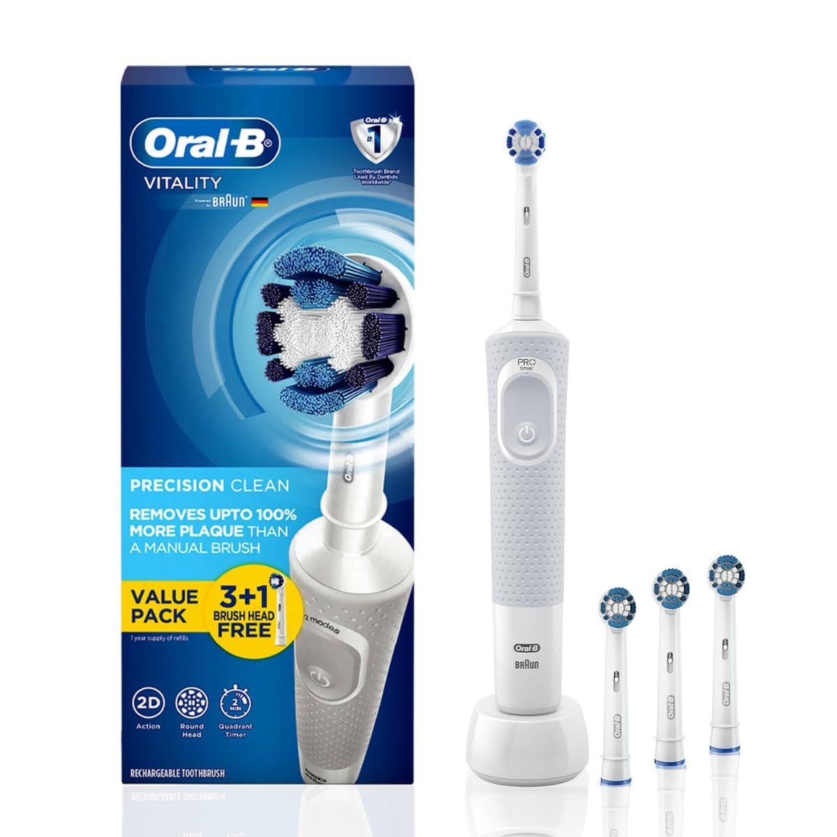 Oral-B Vitality Rechargeable Rotating Electric Toothbrush For Adults With 4 Brush Heads & 2 Modes (Daily & Sensitive), 2 Min Timer With Quadpacer, 2 Year Warranty By, IPX7 Water Resistant,(White, 1)