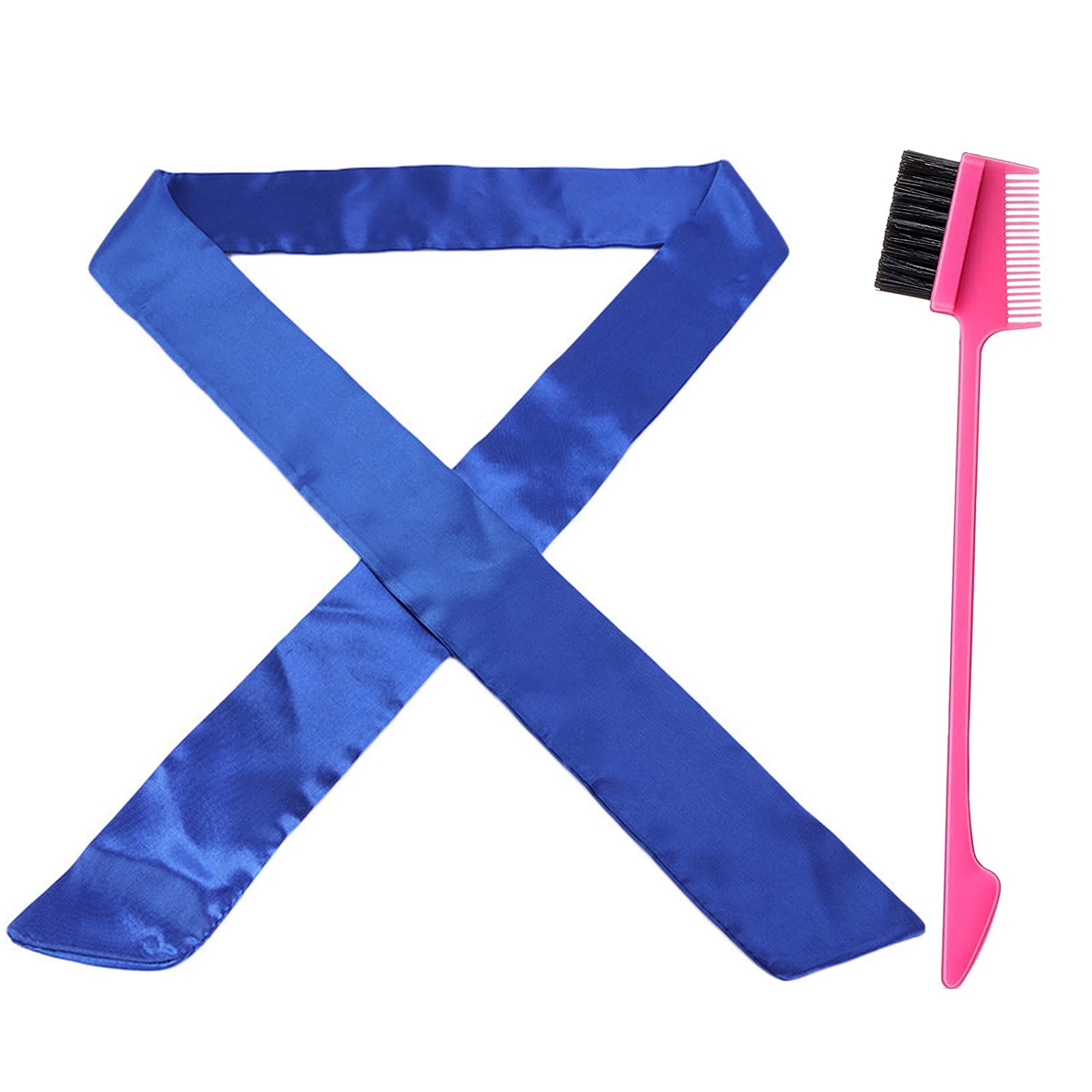 Silk Satin Edge Styling Scarf Frontal Headband & Dual Edge Brush and Comb Wig Grip Band for Lace Wig Non Slip Hair Wrap or Yoga, Makeup, Facial, Sport (Z-Blue)