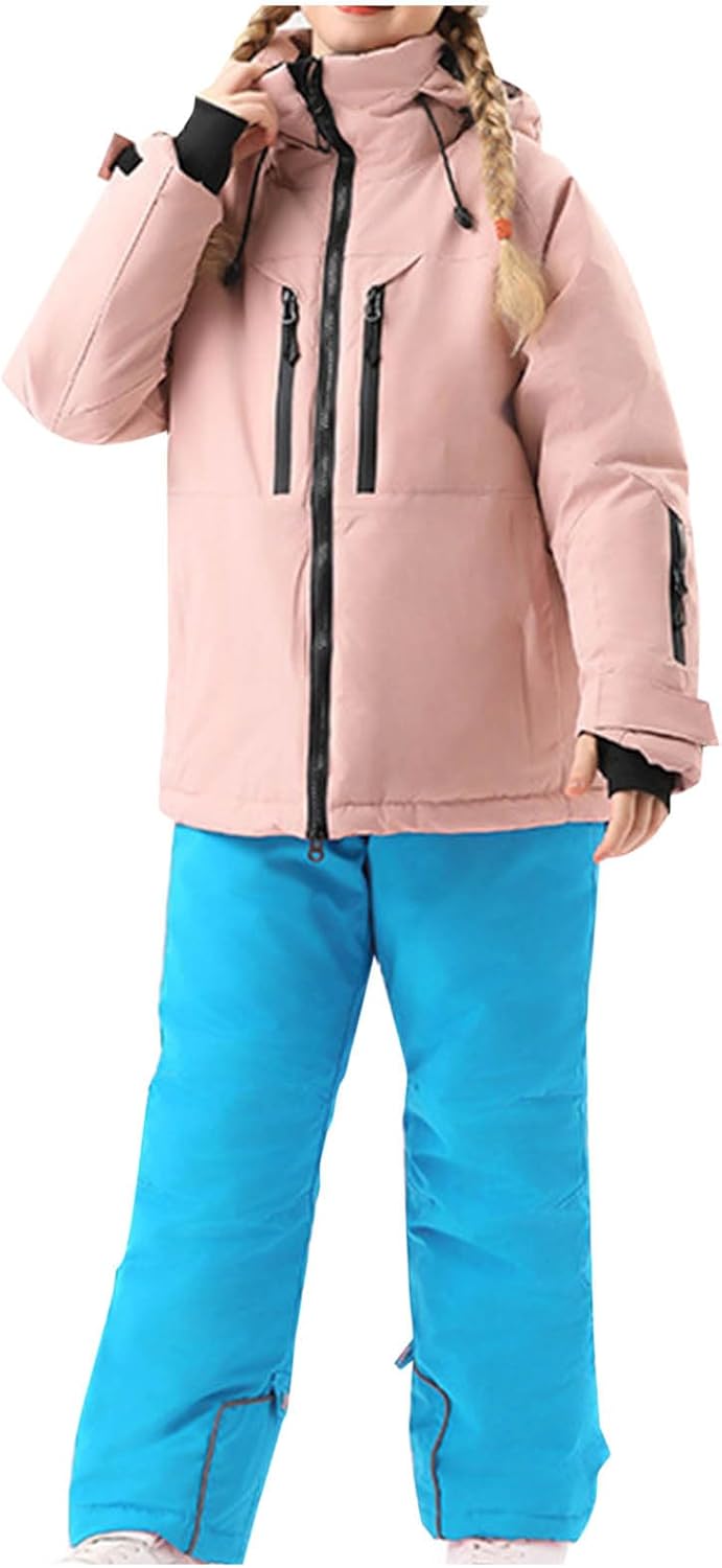 2 Piece Kids Snow Suit - Waterproof Thicken Hooded Ski Set Thermal Winter Windproof Outfit for Boys Girls 4-16Y