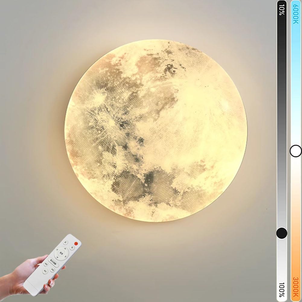 LED Mond Wandleuchte Innen Dimmbar mit Fernbedienung 48W Nachttischlampe Runde Deko Wandlampe Mond Modern Design Nacht Licht Hintergrund Wandbeleuchtung für Schlafzimmer, Wohnzimmer,A,48CM