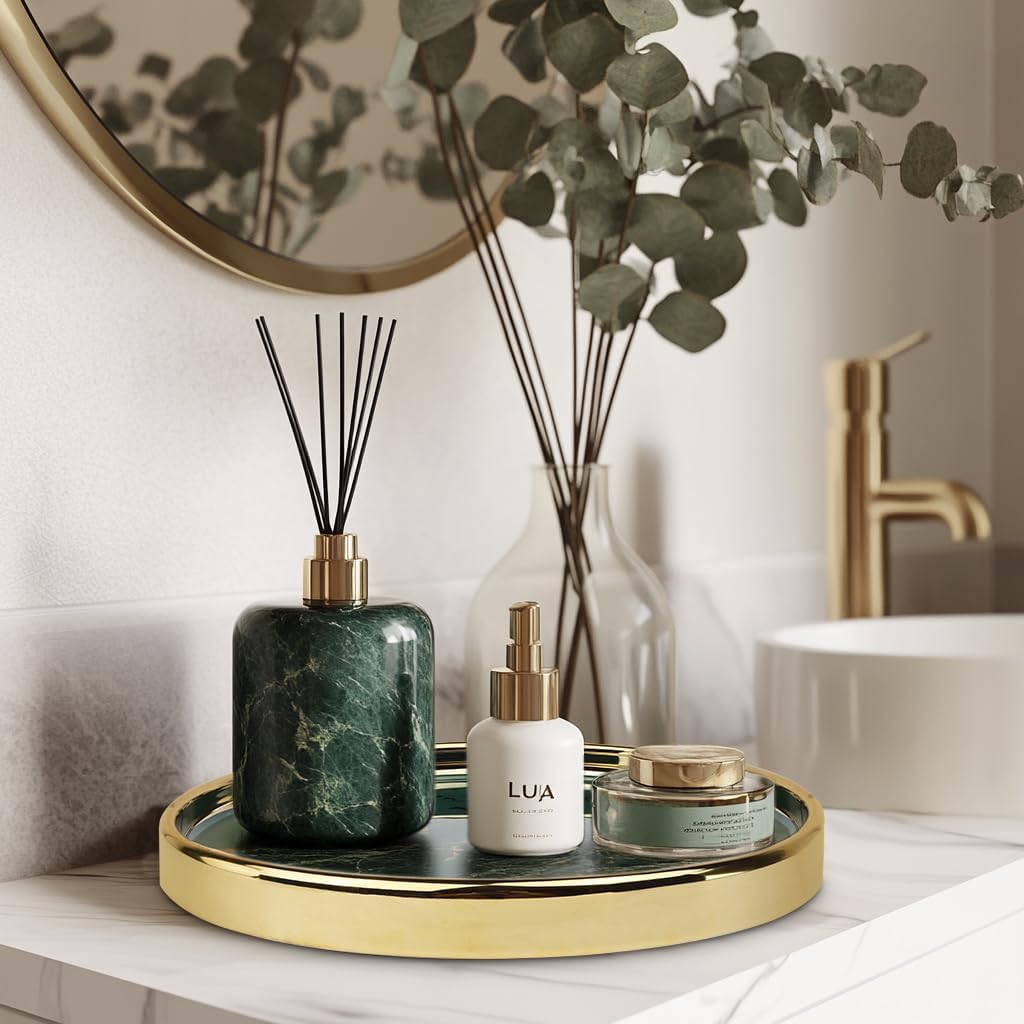 Makeup Perfume Organizer Round Bathroom Vanity Tray Decorative Dresser Tray Countertop Organizer Tray for Cosmetics,Green