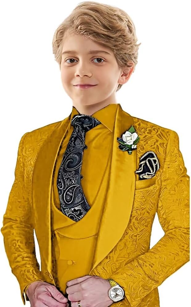 SAROULU Kids Jacquard Tuxedo Suits for Boys Formal Boy Suit 3 Piece Outfit Set with Blazer Vest Pant for Wedding Prom Party
