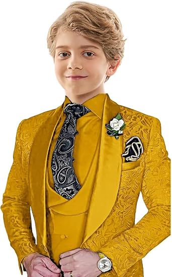 SAROULU Kids Jacquard Tuxedo Suits for Boys Formal Boy Suit 3 Piece Outfit Set with Blazer Vest Pant for Wedding Prom Party
