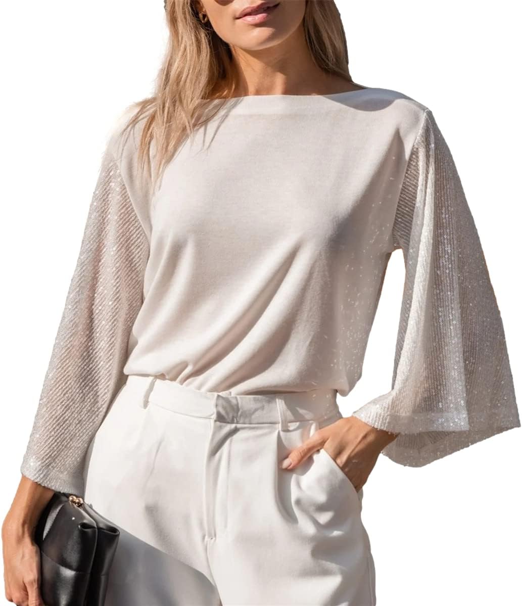 Womens Flutter Sleeve Boatneck Sparkly Holiday Party Blouse Casual Loose Sequin Tunic Tops