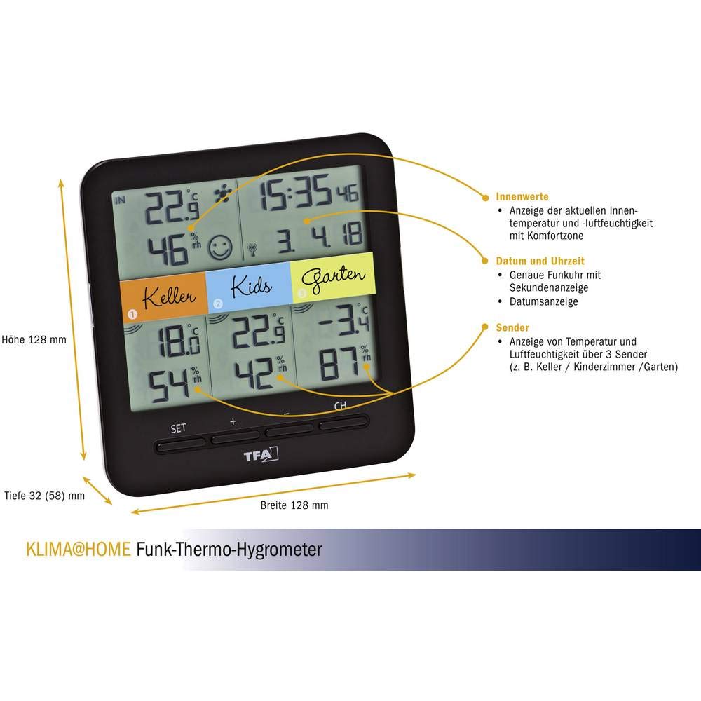 TFA Dostmann Klima Home Hygro-Station 30.3060.01 Funk-Thermo-Hygrometer mit 3 Sendern, Kunststoff, Schwarz, (L) 128 x (B) 32 (58) x (H) 128 mm