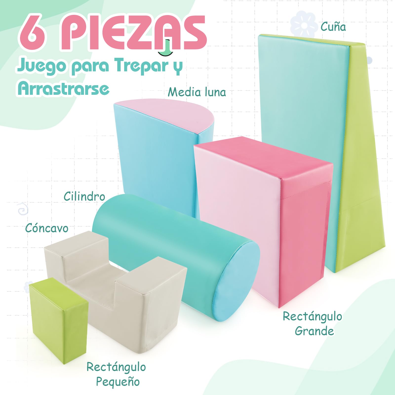 COSTWAY Juego de 6 Bloques de Espuma Grandes, Juego de Juguete para Aprendizaje para Niños de 1-3 Años, con Rectángulos, Cilindro, Media Luna, Cuña, Cóncavo, con Cubierta de PU (Verde y Rosa)