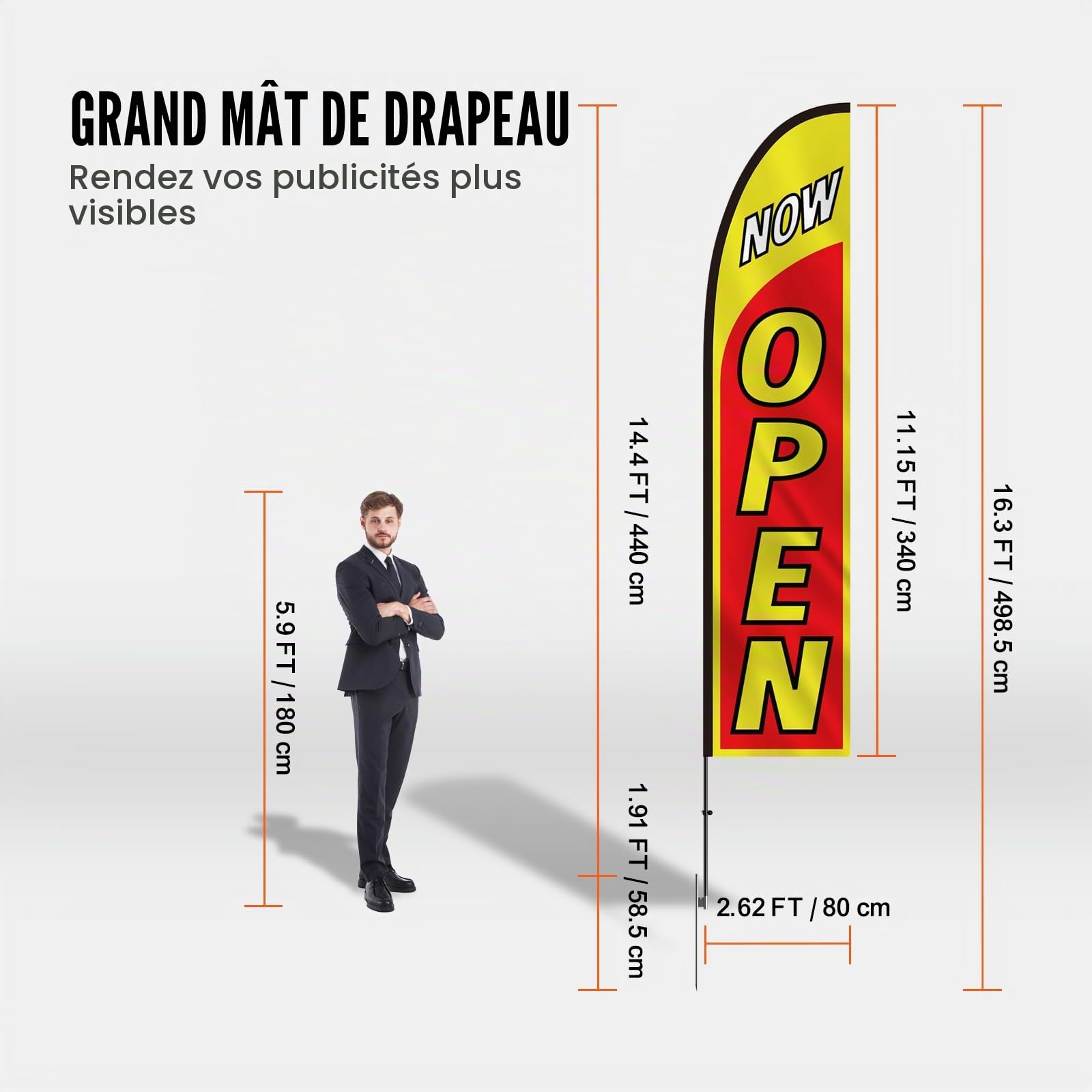 VEVOR Kit mâts de drapeau avec drapeaux plumes publicitaires, 3 drapeaux LOOK/OPEN/WELCOME, 3 poteaux, 3 piquets de sol, hauteur totale 498,5 cm pour entreprises, événement sportif, activité promo